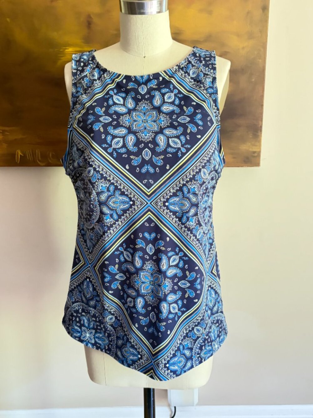 Lands' End Women's Navy Blue Paisley Tankini Swimsuit Top Size 12 DDD - Picture 2 of 6